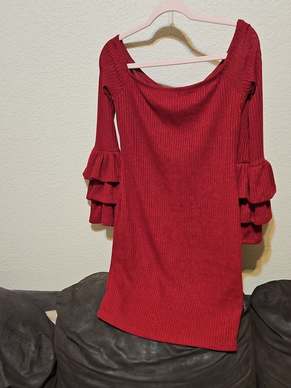 FAVLUX Crimson Ribbed Mini Dress with Tiered Bell Sleeves